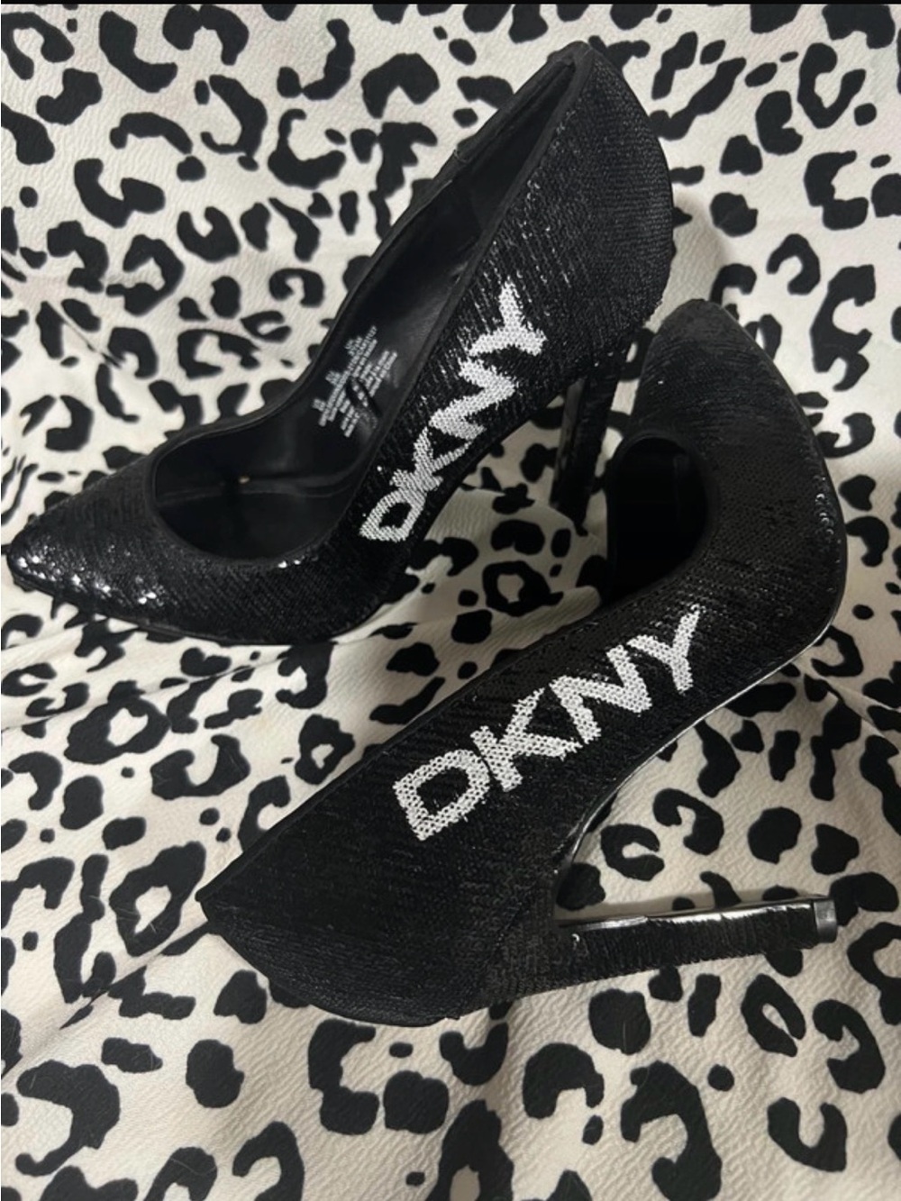 WEN Black Sequin Pointed-Toe Stiletto Heels with White Logo